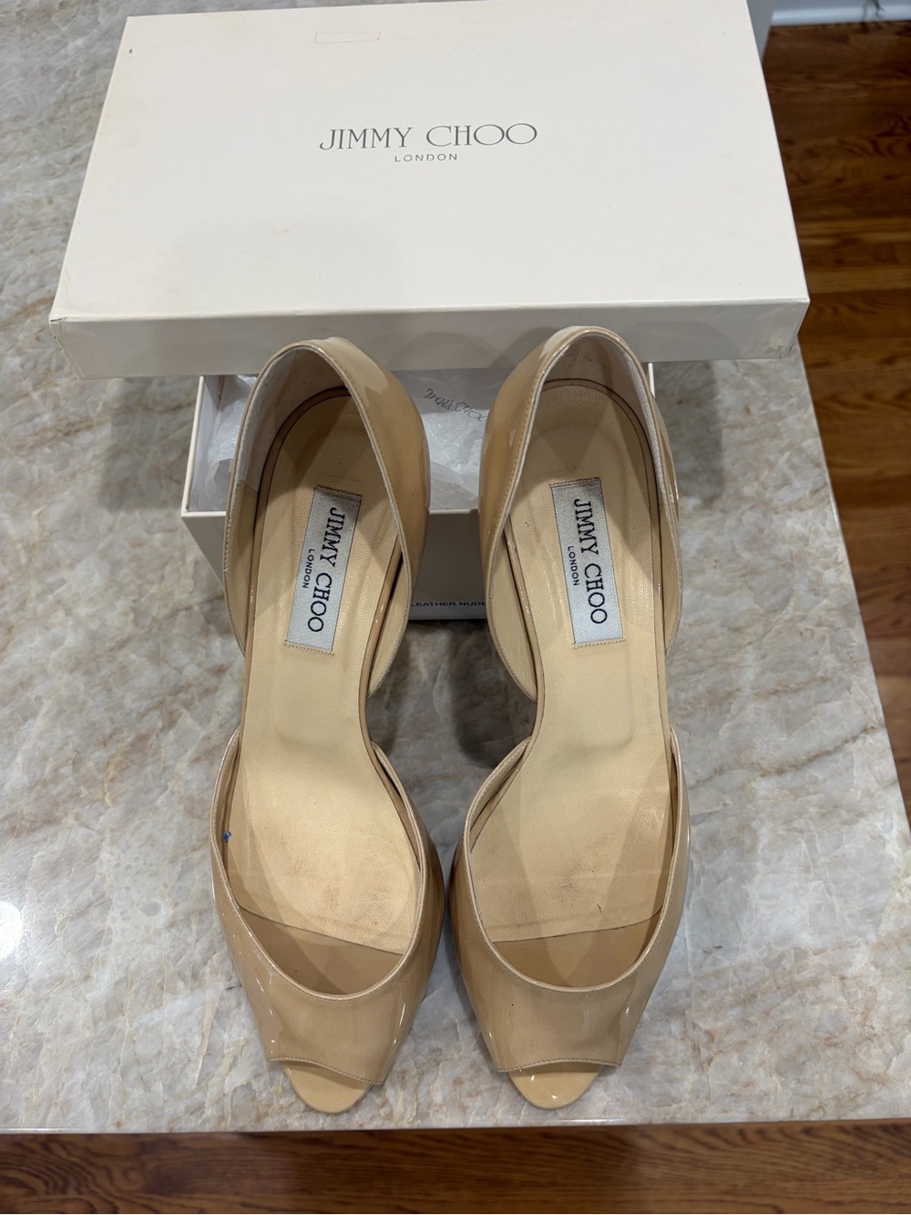 Jimmy Choo Nude Patent Leather Peep Toe Pumps Size 41